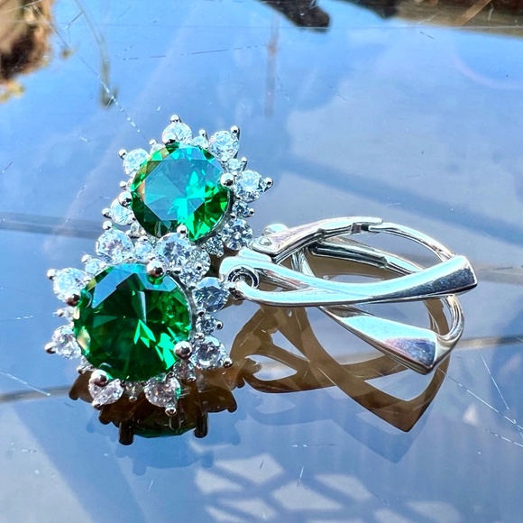 Halo Emerald Earrings Sterling Silver 925 , May Birthstone - Picture 6 of 11
